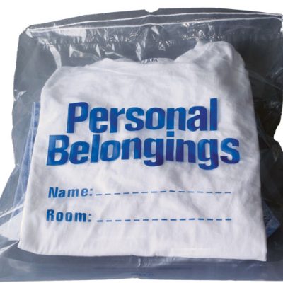Belongings Bag with drawstring (clear with blue imprint) 17″ x 20″