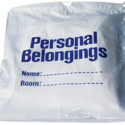 Belongings Bag with drawstring (white with blue imprint) 17″ x 20″