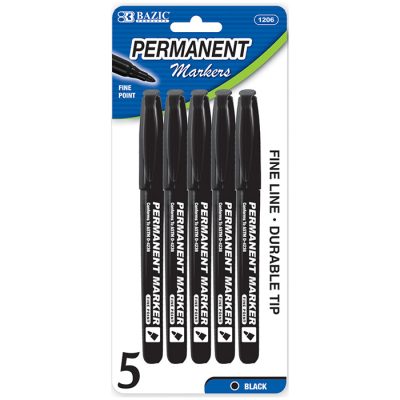 Fine Tip Permanent Markers w/ Pocket Clip Black (5/Pack)