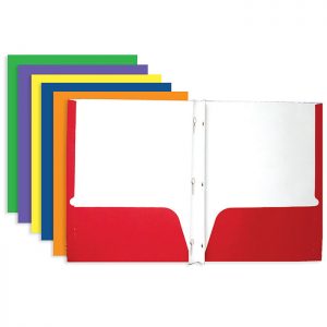 2-Pockets Paper Portfolios w/ 3-Prong Fastener Asst. Color (100/Cs)