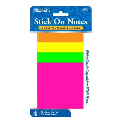 3″ X 3″ Neon Stick On Notes 40 Ct. (4/Pack)