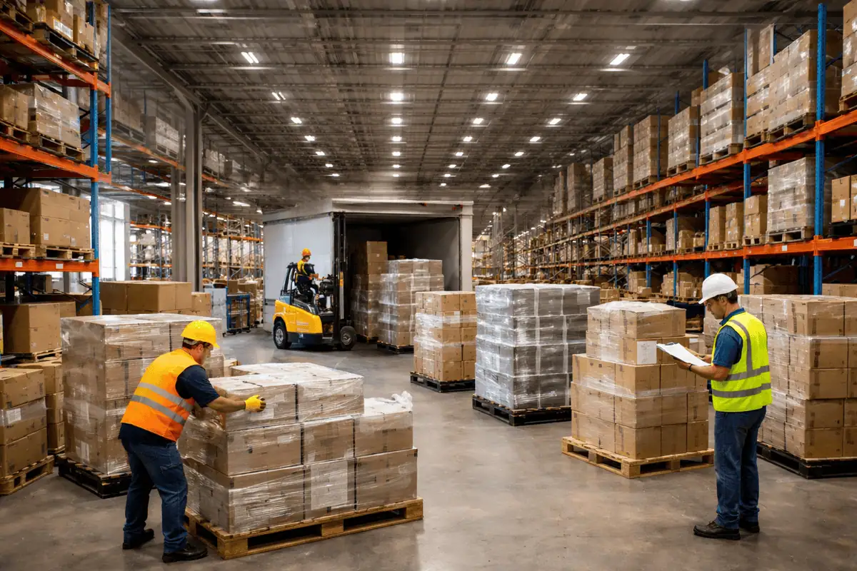 Warehouse workers consolidating freight onto pallets while a forklift loads pallets into a truck inside a large distribution center.